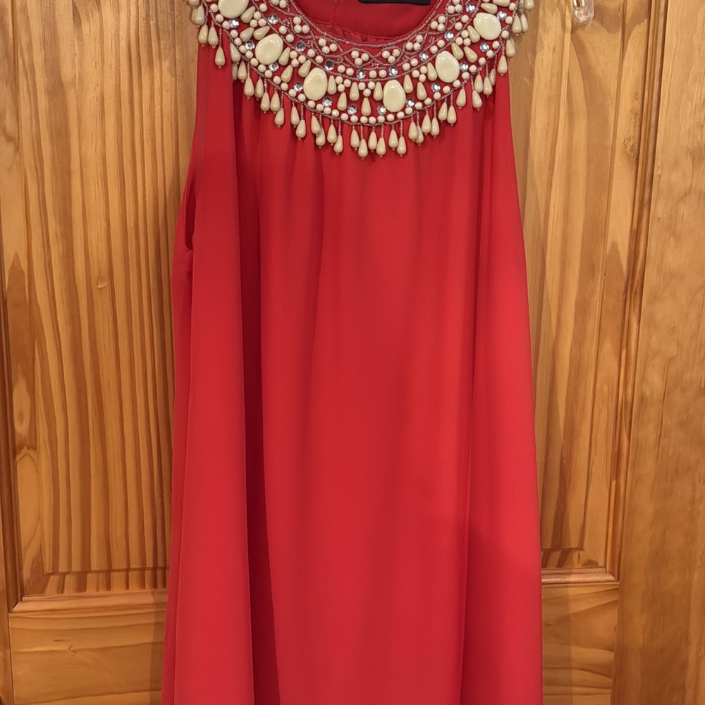 Theme Redish Orange Dress with Beaded Neckline